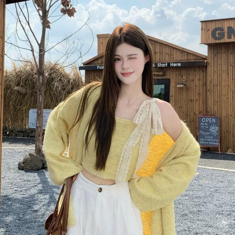 한 부서 이른 가을 착용 가져 가라. 전체 집합 작은 샤넬 스타일 보라색 스웨터 오픈 가디건 레이스 레이스업 캐미솔 투피스 슈트 이미지 2