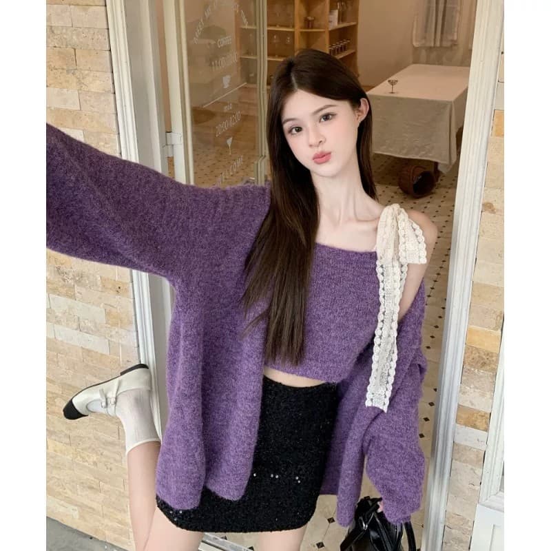 한 부서 이른 가을 착용 가져 가라. 전체 집합 작은 샤넬 스타일 보라색 스웨터 오픈 가디건 레이스 레이스업 캐미솔 투피스 슈트 이미지 3