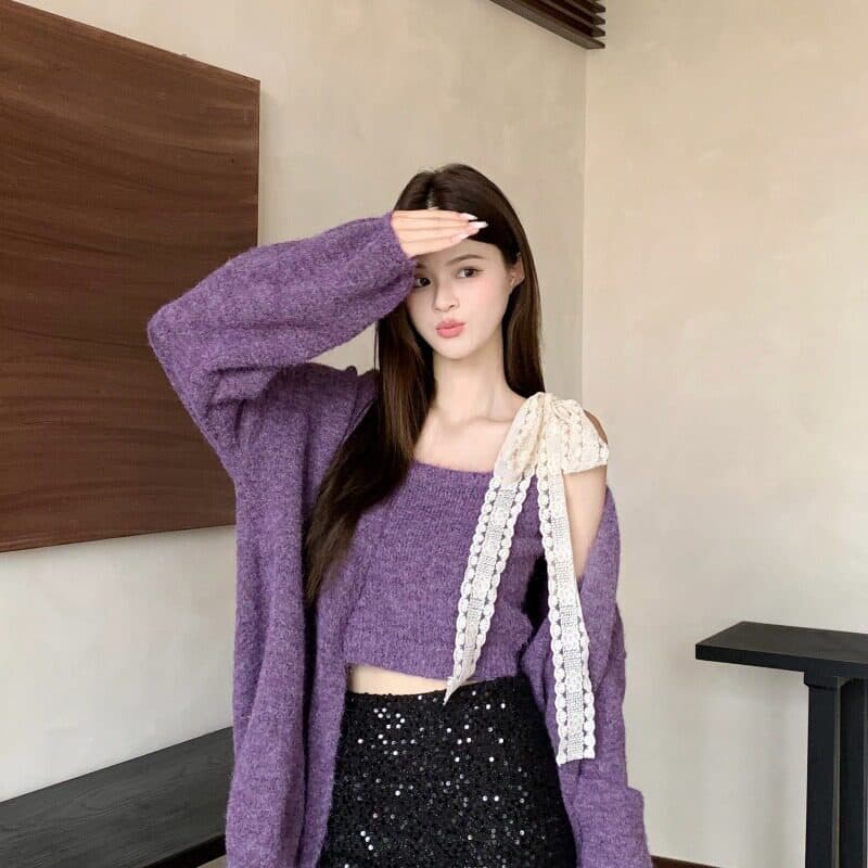 한 부서 이른 가을 착용 가져 가라. 전체 집합 작은 샤넬 스타일 보라색 스웨터 오픈 가디건 레이스 레이스업 캐미솔 투피스 슈트 상세 이미지 1