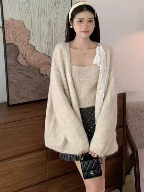 한 부서 이른 가을 착용 가져 가라. 전체 집합 작은 샤넬 스타일 보라색 스웨터 오픈 가디건 레이스 레이스업 캐미솔 투피스 슈트 상세 이미지 3