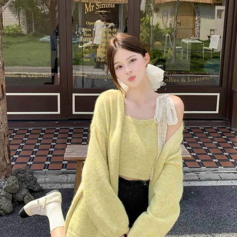 한 부서 이른 가을 착용 가져 가라. 전체 집합 작은 샤넬 스타일 보라색 스웨터 오픈 가디건 레이스 레이스업 캐미솔 투피스 슈트 상세 이미지 5
