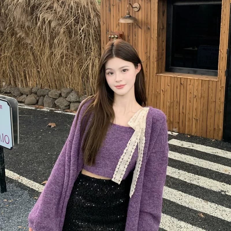 한 부서 이른 가을 착용 가져 가라. 전체 집합 작은 샤넬 스타일 보라색 스웨터 오픈 가디건 레이스 레이스업 캐미솔 투피스 슈트 상세 이미지 6