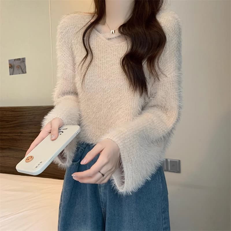 화이트 밍크 플리스 풀오버 여성 뜨개질 기본 셔츠 가을 겨울 새로운 느긋한 바람 부드러운 찹쌀 쇼트 스타일 V넥 맨위 상세 이미지 2