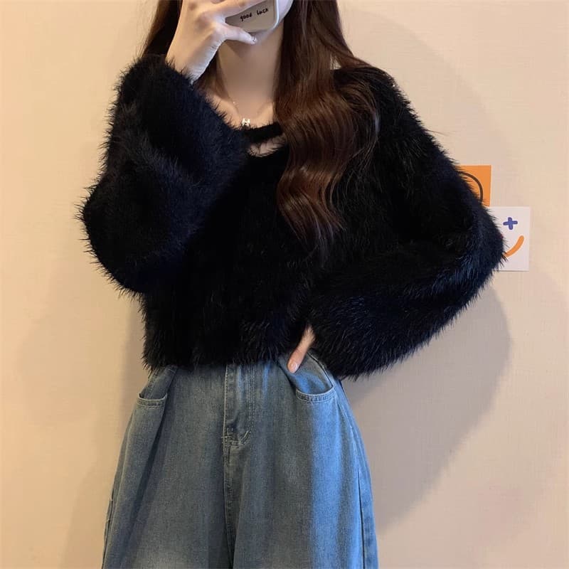 화이트 밍크 플리스 풀오버 여성 뜨개질 기본 셔츠 가을 겨울 새로운 느긋한 바람 부드러운 찹쌀 쇼트 스타일 V넥 맨위 상세 이미지 4