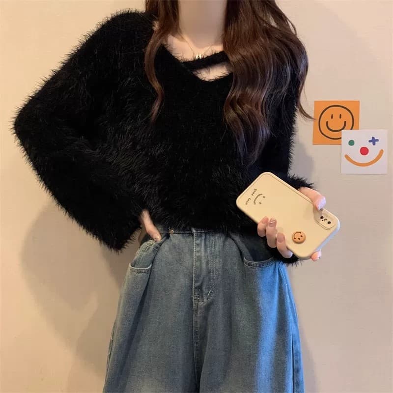 화이트 밍크 플리스 풀오버 여성 뜨개질 기본 셔츠 가을 겨울 새로운 느긋한 바람 부드러운 찹쌀 쇼트 스타일 V넥 맨위 상세 이미지 18