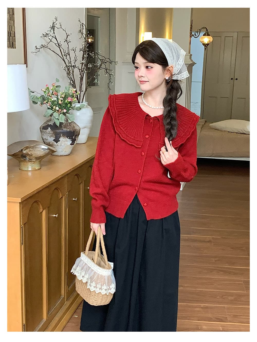 사슴 그리고 제나라 따뜻한 빨간색 속삭임 프랑스식 레트로 달콤한 자매 바람 해군 폴로 칼라 니트 오픈 가디건 여성 느긋한 긴팔 재킷 상세 이미지 6