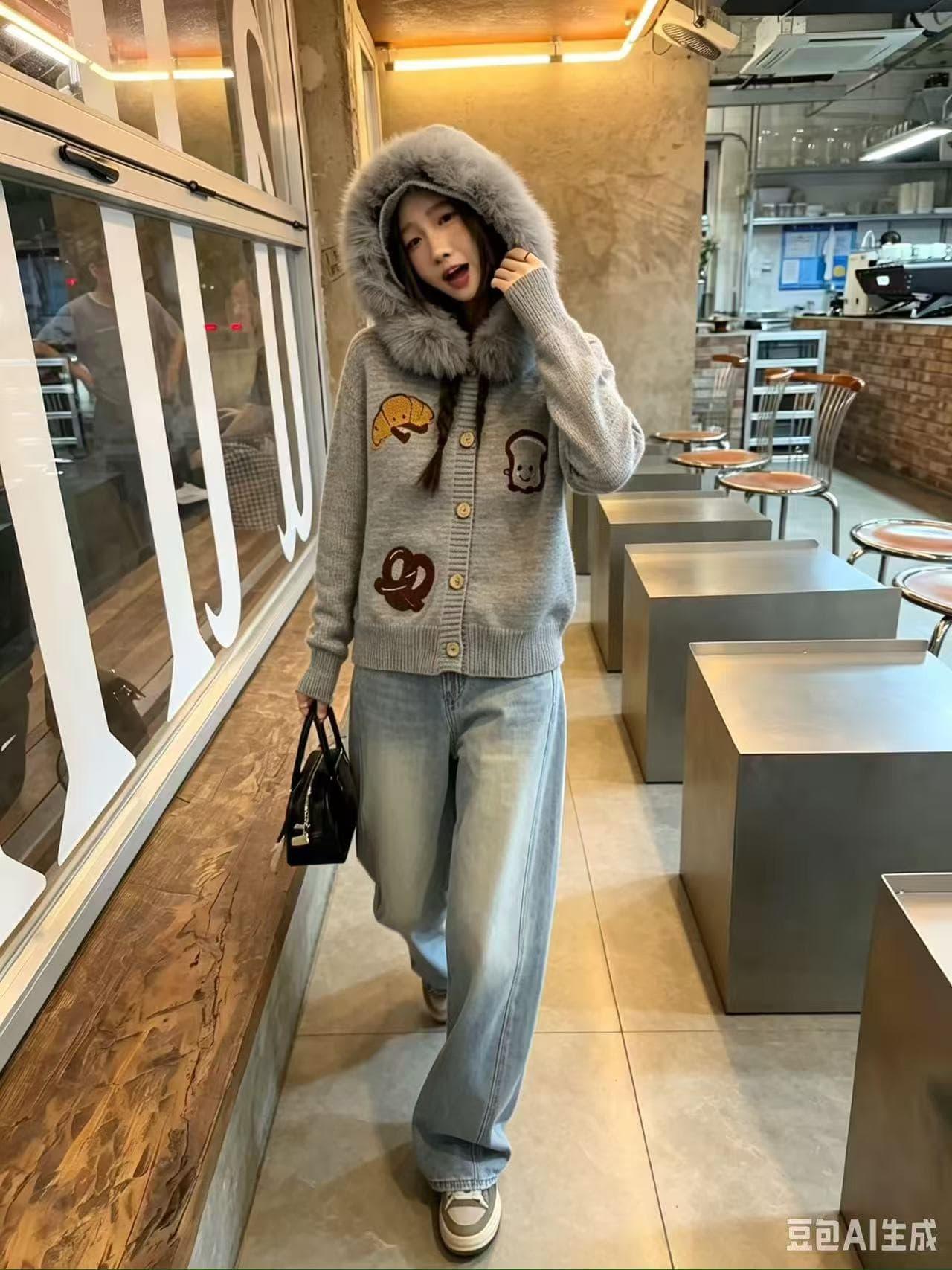 2026 새로운 벨트 모피 칼라 후드 니트 오픈 가디건 여성 가을 겨울 귀여운 자수 루즈핏 느긋한 스웨터 코트 상세 이미지 3
