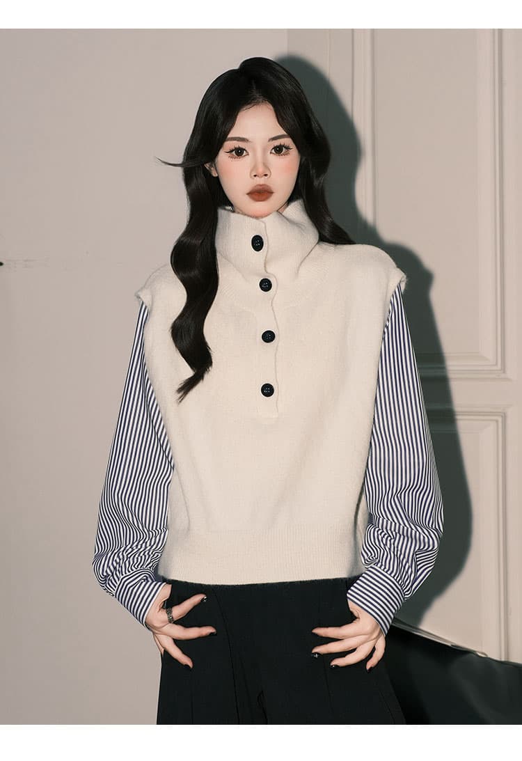 높음 지혜 센스 배색 스트라이프 polo 니트 조끼 여자 한 부서 페이크 레이어드 셔츠 패치워크 스웨터 상세 이미지 9