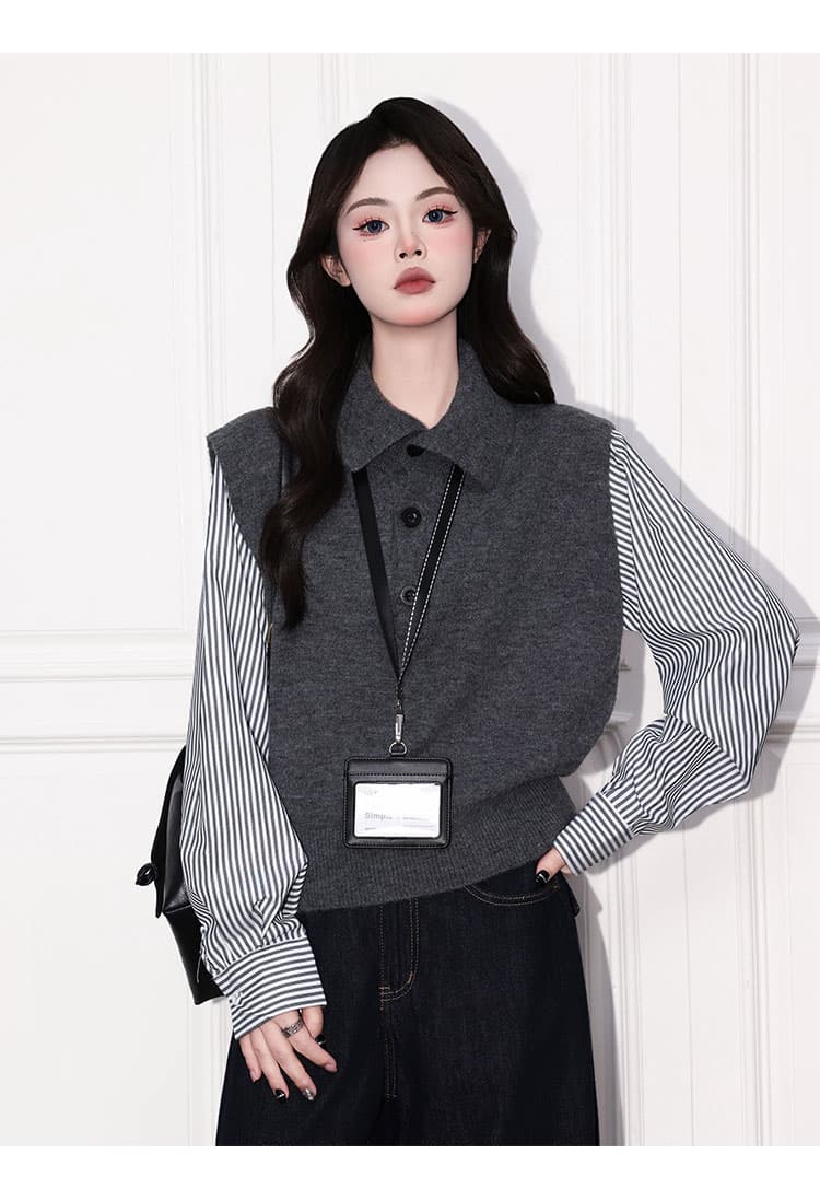 높음 지혜 센스 배색 스트라이프 polo 니트 조끼 여자 한 부서 페이크 레이어드 셔츠 패치워크 스웨터 상세 이미지 12