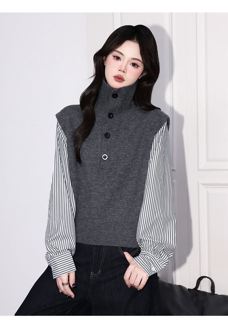 높음 지혜 센스 배색 스트라이프 polo 니트 조끼 여자 한 부서 페이크 레이어드 셔츠 패치워크 스웨터 상세 이미지 15