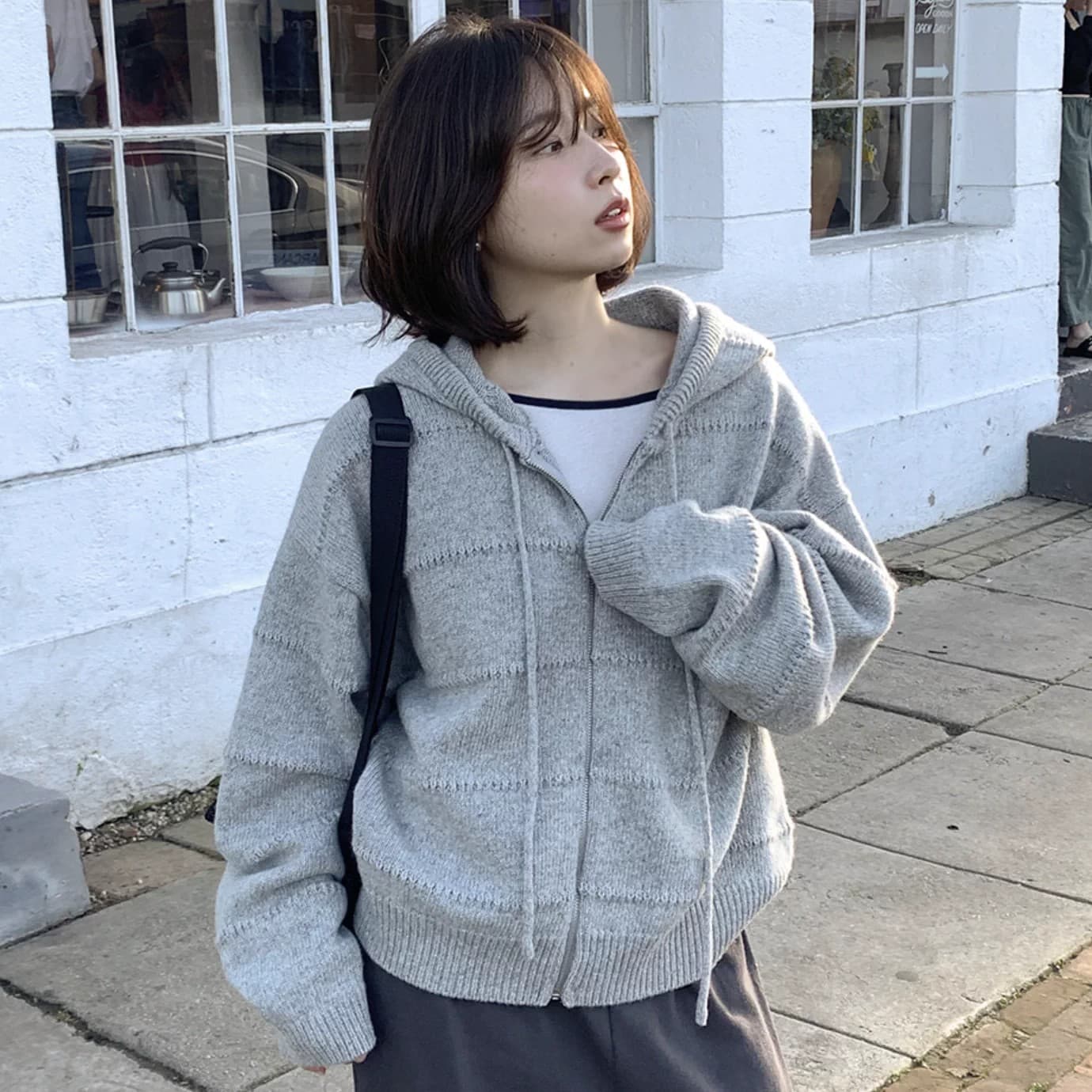 i 봄 새로운 회색 루즈핏 쇼트 스타일 후드 니트 오픈 가디건