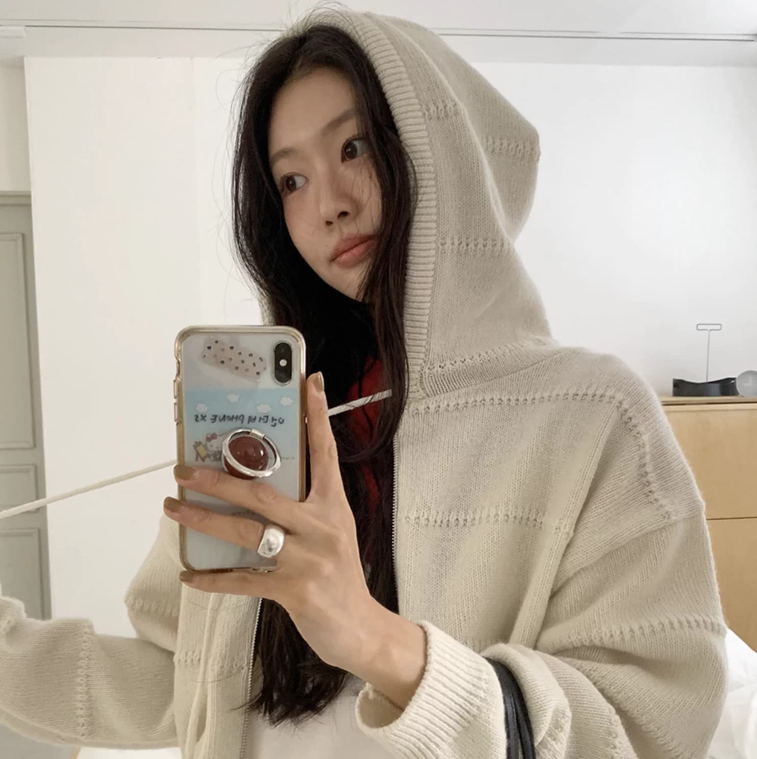 i 봄 새로운 회색 루즈핏 쇼트 스타일 후드 니트 오픈 가디건 상세 이미지 1