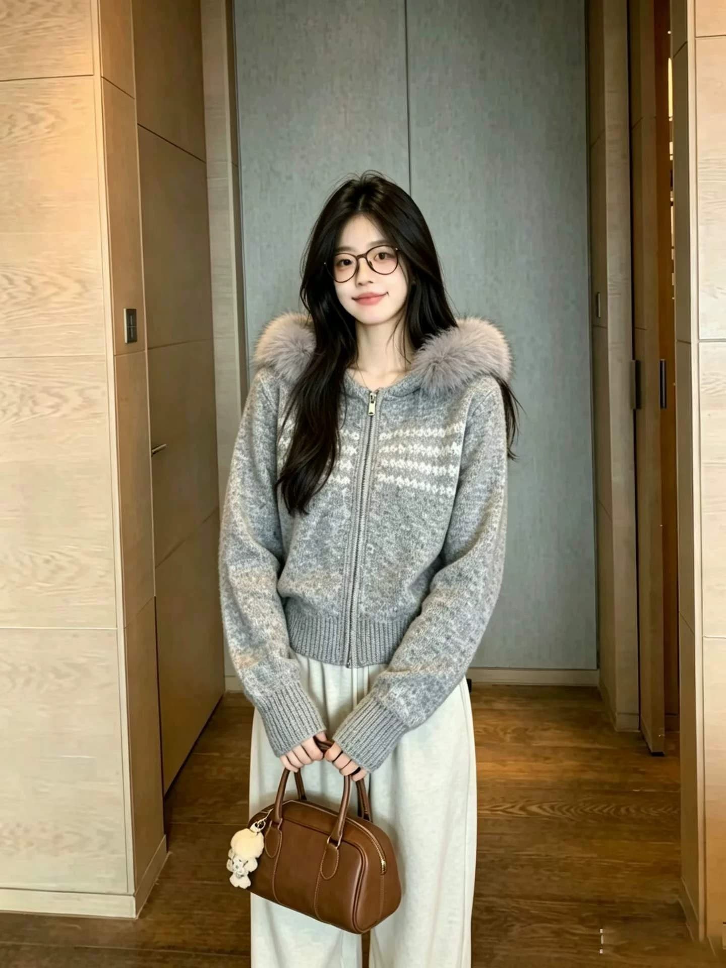 공정한 섬 후드 모피 칼라 지퍼 스웨터 여성 코트 가을 겨울 새로운 레트로 품격 두꺼운 쇼트 스타일 니트 오픈 가디건 상세 이미지 2