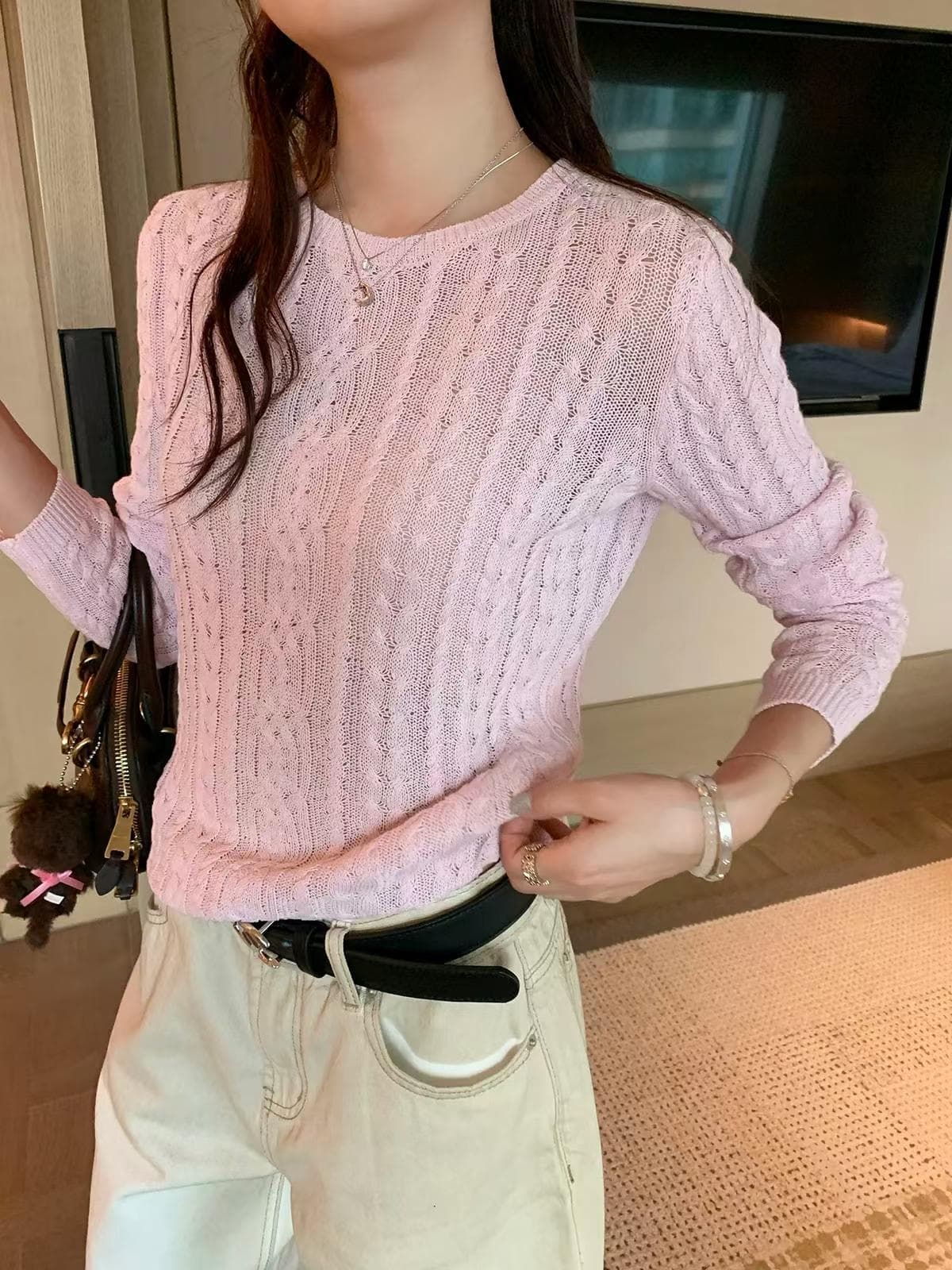 새로운 아마 니트 다용도 레트로 마이크로 루즈핏 작은 넓은 어깨 라운드 넥 트위스트 꽃 풀오버 스웨터 여자 이미지 4
