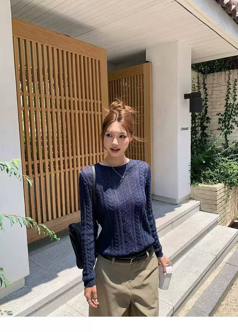 새로운 아마 니트 다용도 레트로 마이크로 루즈핏 작은 넓은 어깨 라운드 넥 트위스트 꽃 풀오버 스웨터 여자 상세 이미지 6