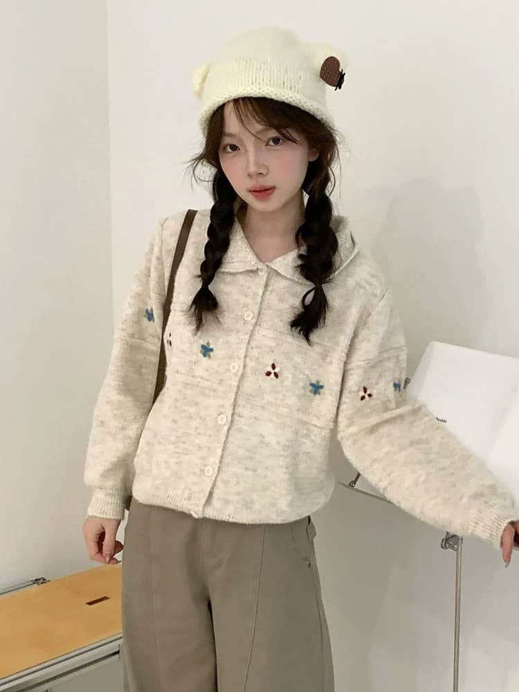 한 부서 달콤함 연령 감소 자수 작은 꽃 쇼트 스타일 작은 폴로 칼라 스웨터 오픈 가디건 여성 루즈핏 봄 가을 니트 맨위 재킷 이미지 3