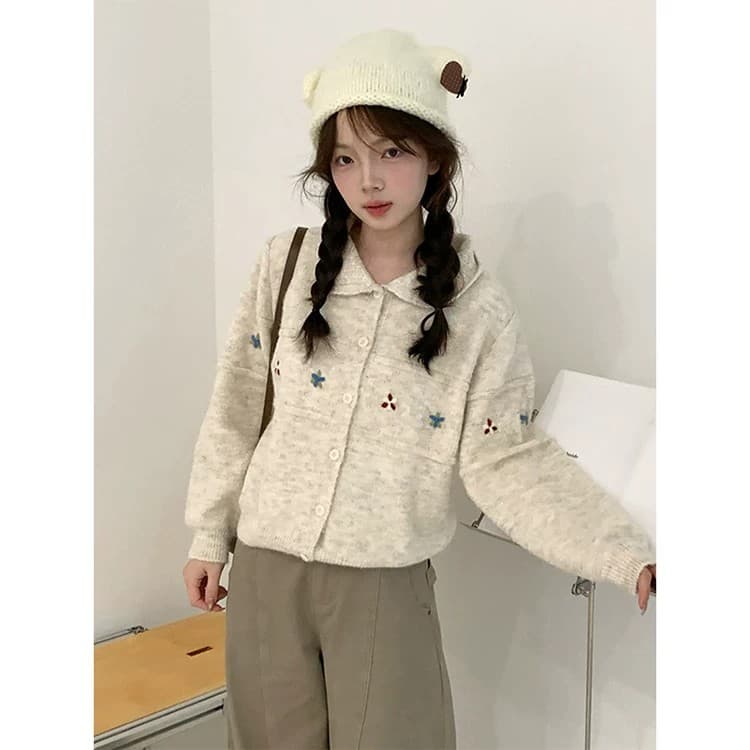 한 부서 달콤함 연령 감소 자수 작은 꽃 쇼트 스타일 작은 폴로 칼라 스웨터 오픈 가디건 여성 루즈핏 봄 가을 니트 맨위 재킷 상세 이미지 3