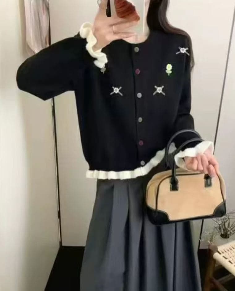 한 부서 부드러운 바람 3 차원 꽃 니트 오픈 가디건 여성 가을 겨울 새로운 와이드 부드러운 찹쌀 배색 패치워크 스웨터 코트 상세 이미지 1