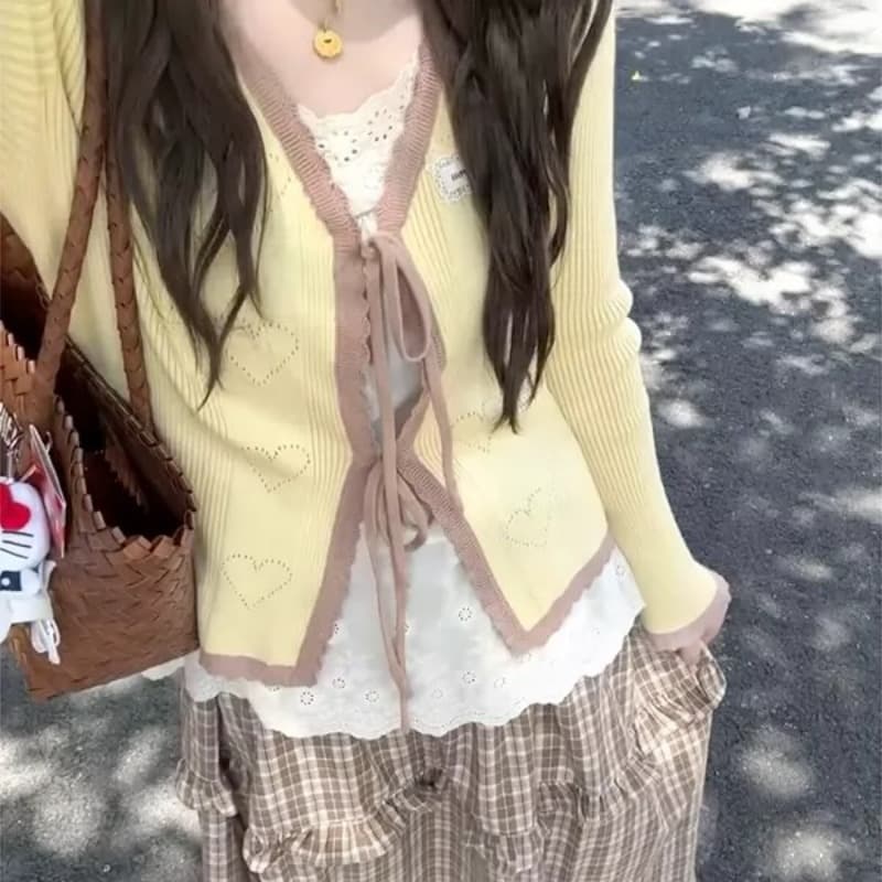 달콤함 레트로 배색 자수 재킷 하트 홀로우 아웃 레이스업 니트 얇은 오픈 가디건 이미지 6