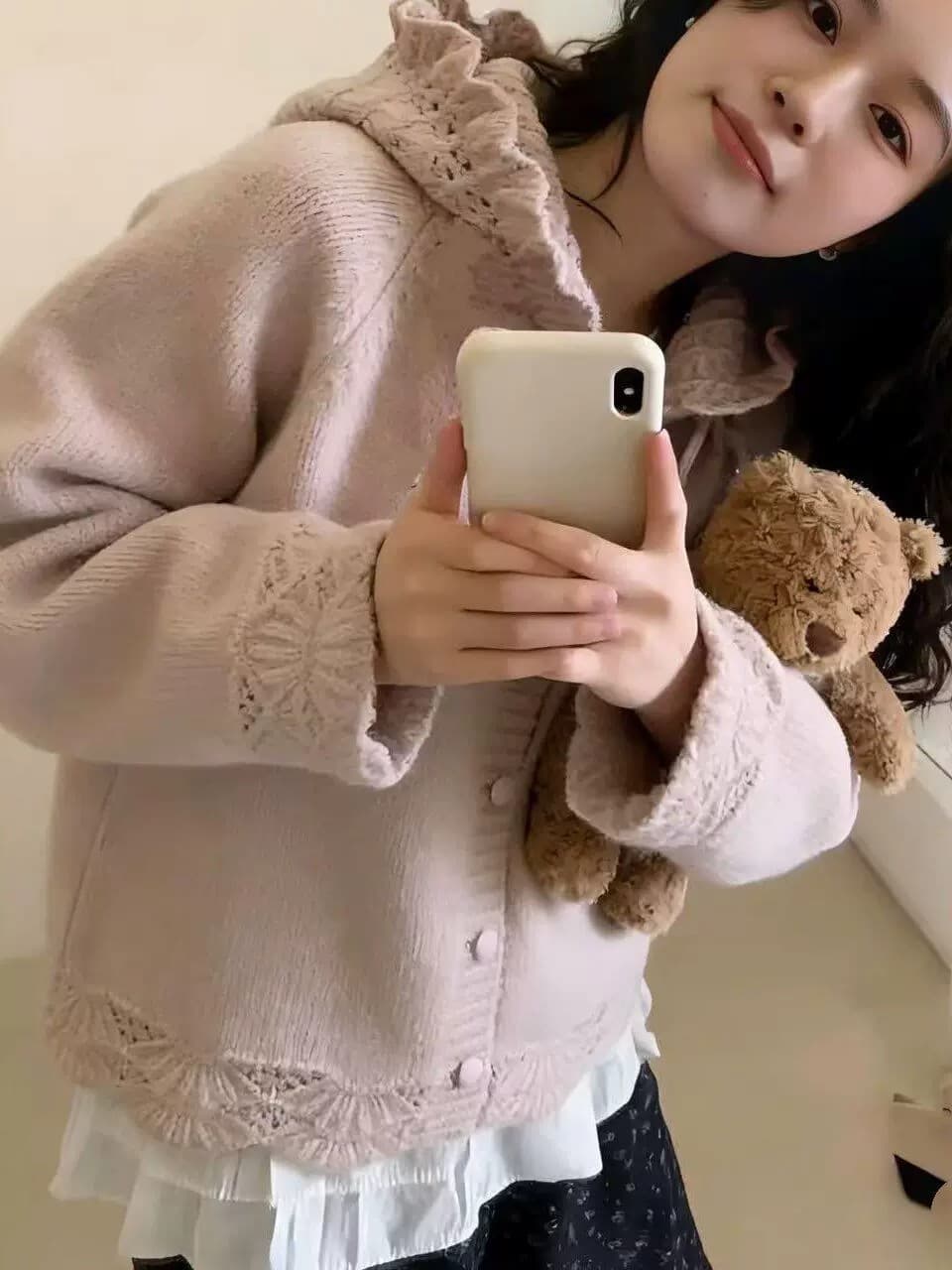 이른 가을 부드러운 바람 홀로우 아웃 조개 레이스 니트 오픈 가디건 여성 후드 쇼트 스타일 부드러운 찹쌀 품격 다용도 스웨터 코트 상세 이미지 8