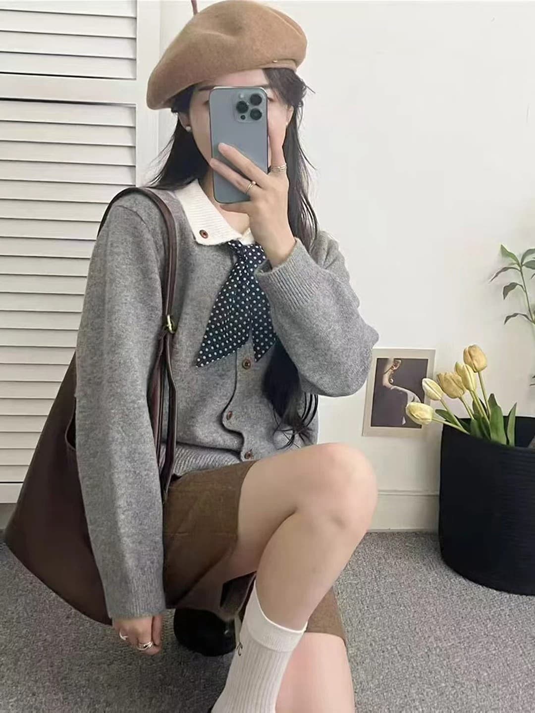 한 부서 도트 무늬 스카프 폴로 칼라 니트 오픈 가디건 여성 가을 새로운 루즈핏 슬림해 보이는 다용도 스웨터 코트 맨위 트렌디 이미지 3