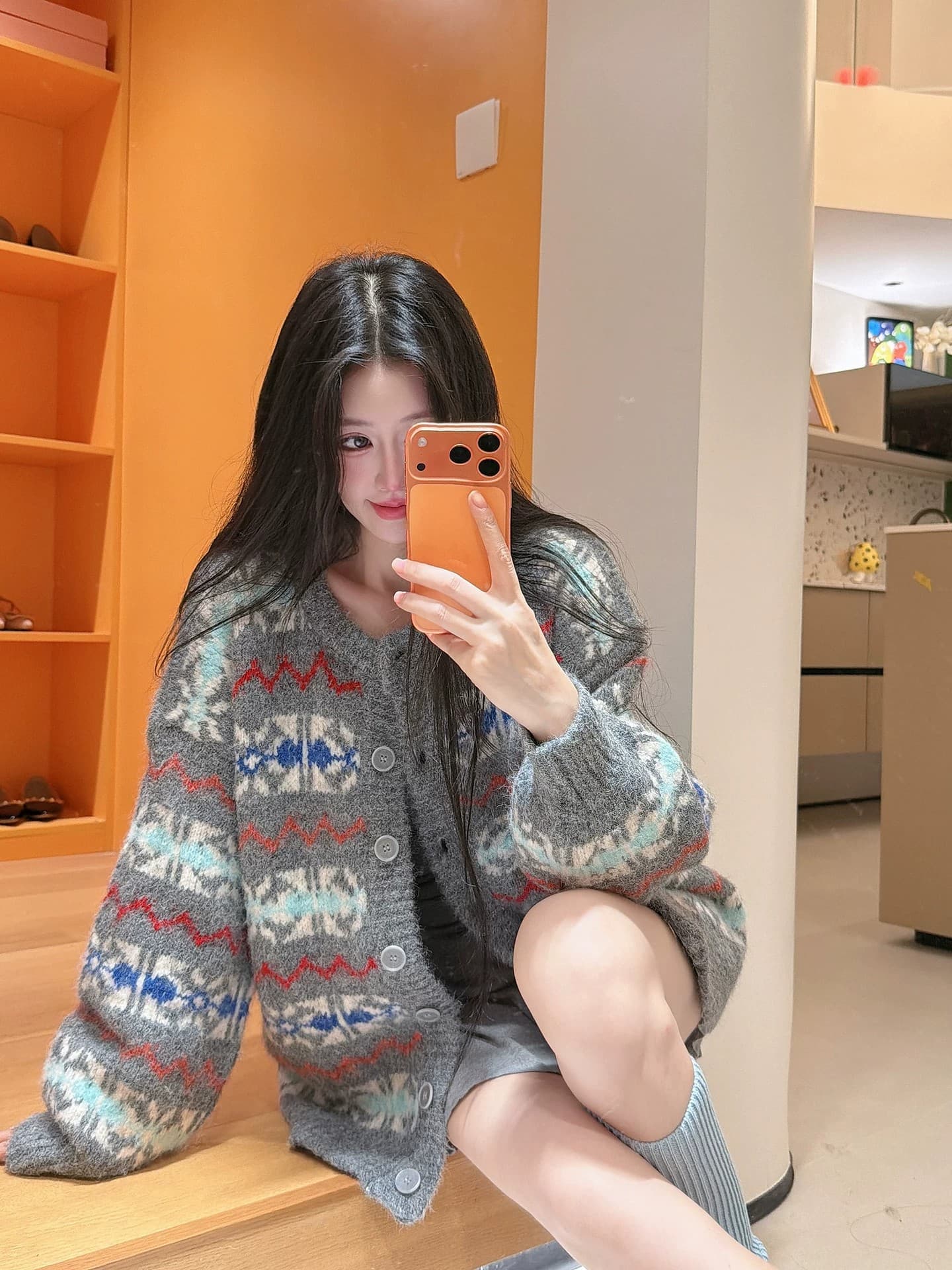 가을 겨울 한 부서 레트로 공정한 섬 스웨터 여자 싱글 줄 버튼 오픈 가디건 중간 길이 느긋한 디자인 센스 포함 양모 재킷 이미지 5