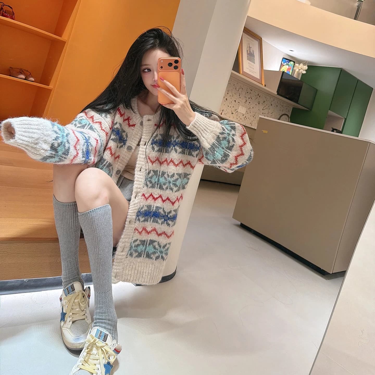 가을 겨울 한 부서 레트로 공정한 섬 스웨터 여자 싱글 줄 버튼 오픈 가디건 중간 길이 느긋한 디자인 센스 포함 양모 재킷 이미지 6