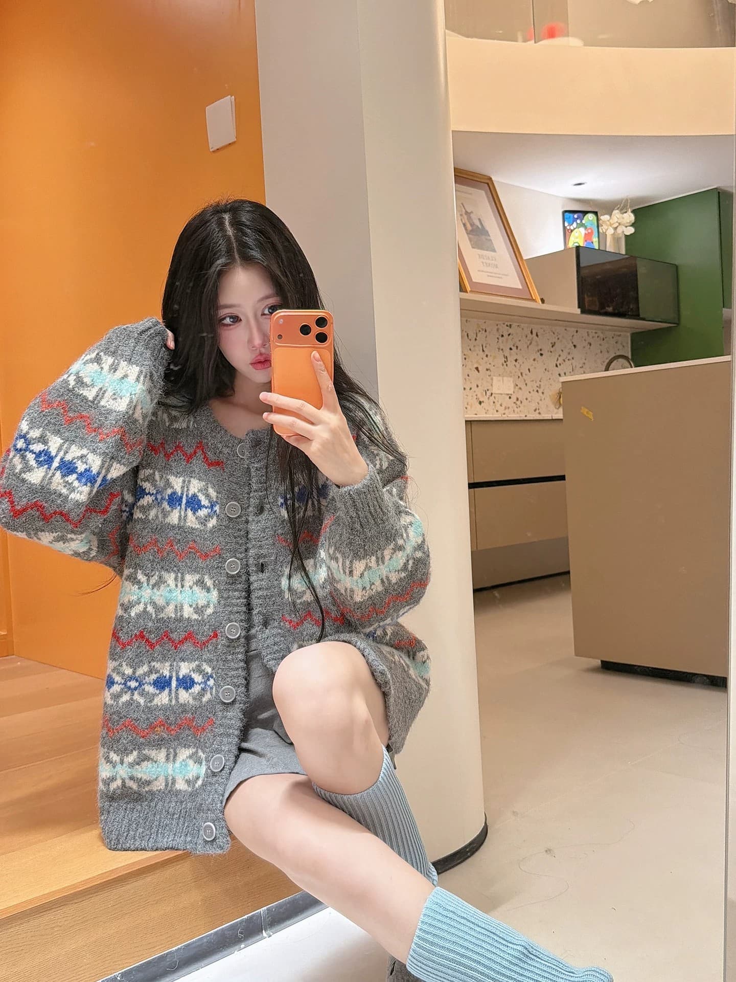가을 겨울 한 부서 레트로 공정한 섬 스웨터 여자 싱글 줄 버튼 오픈 가디건 중간 길이 느긋한 디자인 센스 포함 양모 재킷 상세 이미지 8