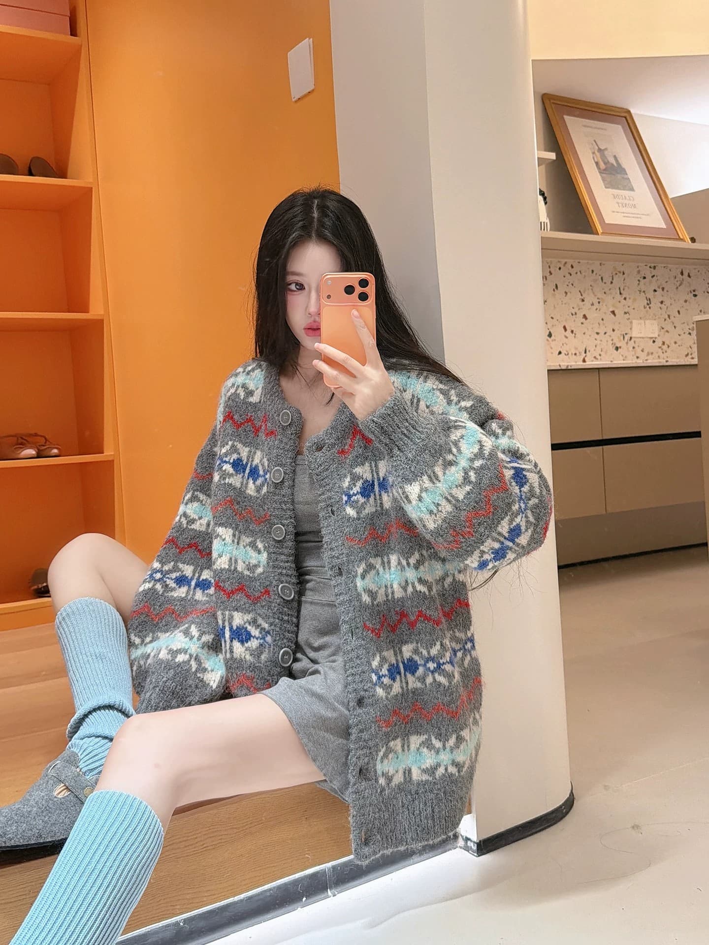 가을 겨울 한 부서 레트로 공정한 섬 스웨터 여자 싱글 줄 버튼 오픈 가디건 중간 길이 느긋한 디자인 센스 포함 양모 재킷 상세 이미지 11