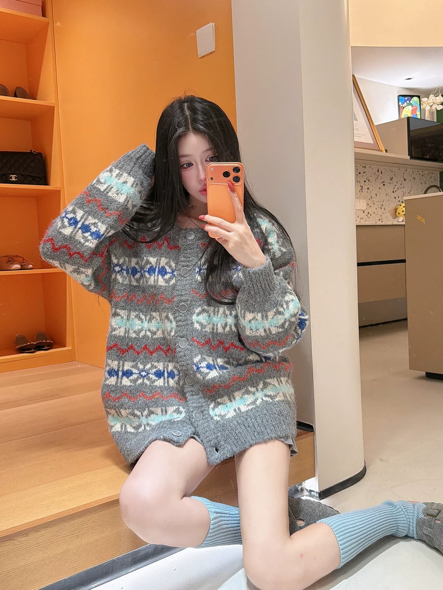 가을 겨울 한 부서 레트로 공정한 섬 스웨터 여자 싱글 줄 버튼 오픈 가디건 중간 길이 느긋한 디자인 센스 포함 양모 재킷 상세 이미지 13