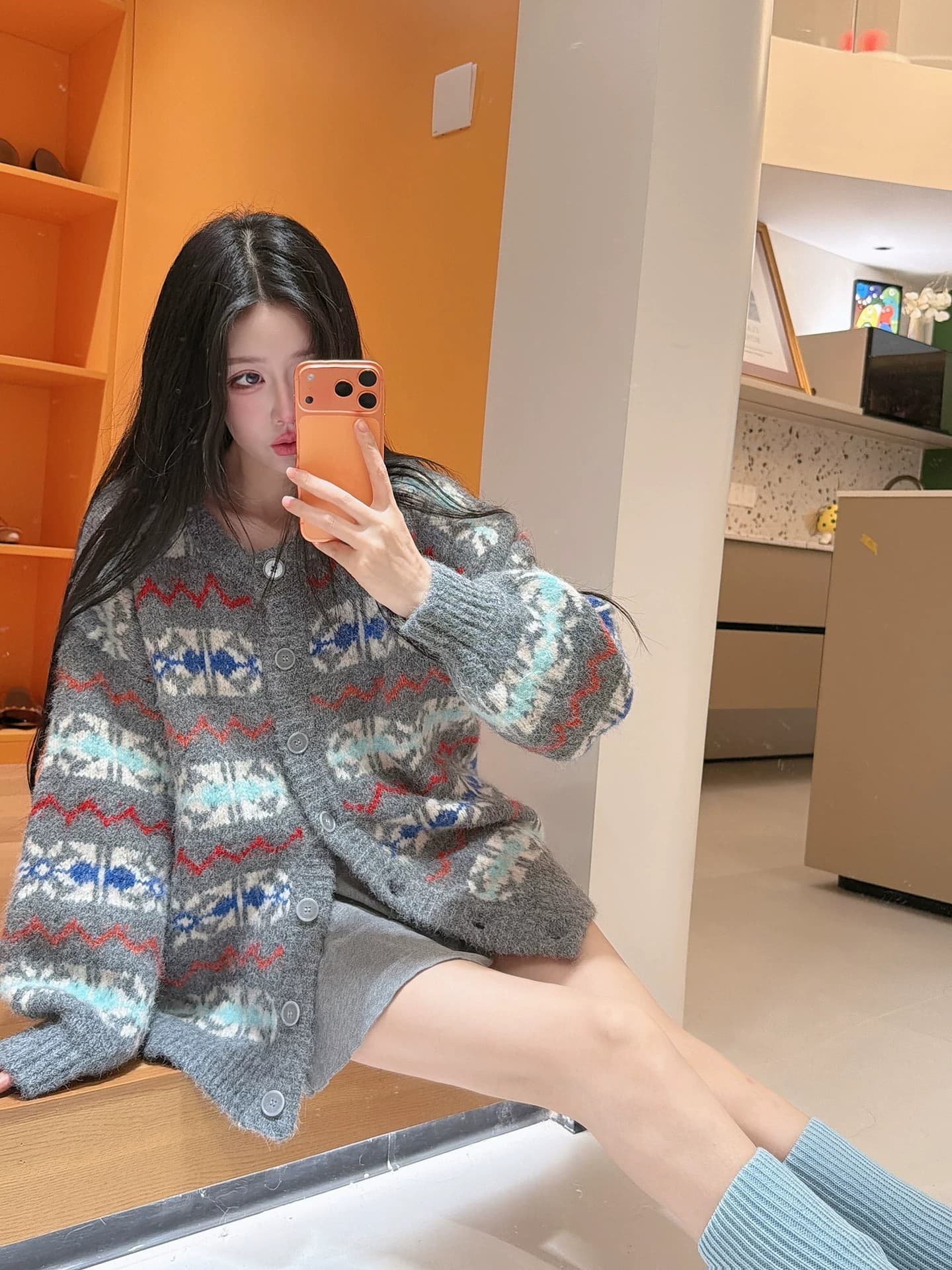 가을 겨울 한 부서 레트로 공정한 섬 스웨터 여자 싱글 줄 버튼 오픈 가디건 중간 길이 느긋한 디자인 센스 포함 양모 재킷 상세 이미지 14