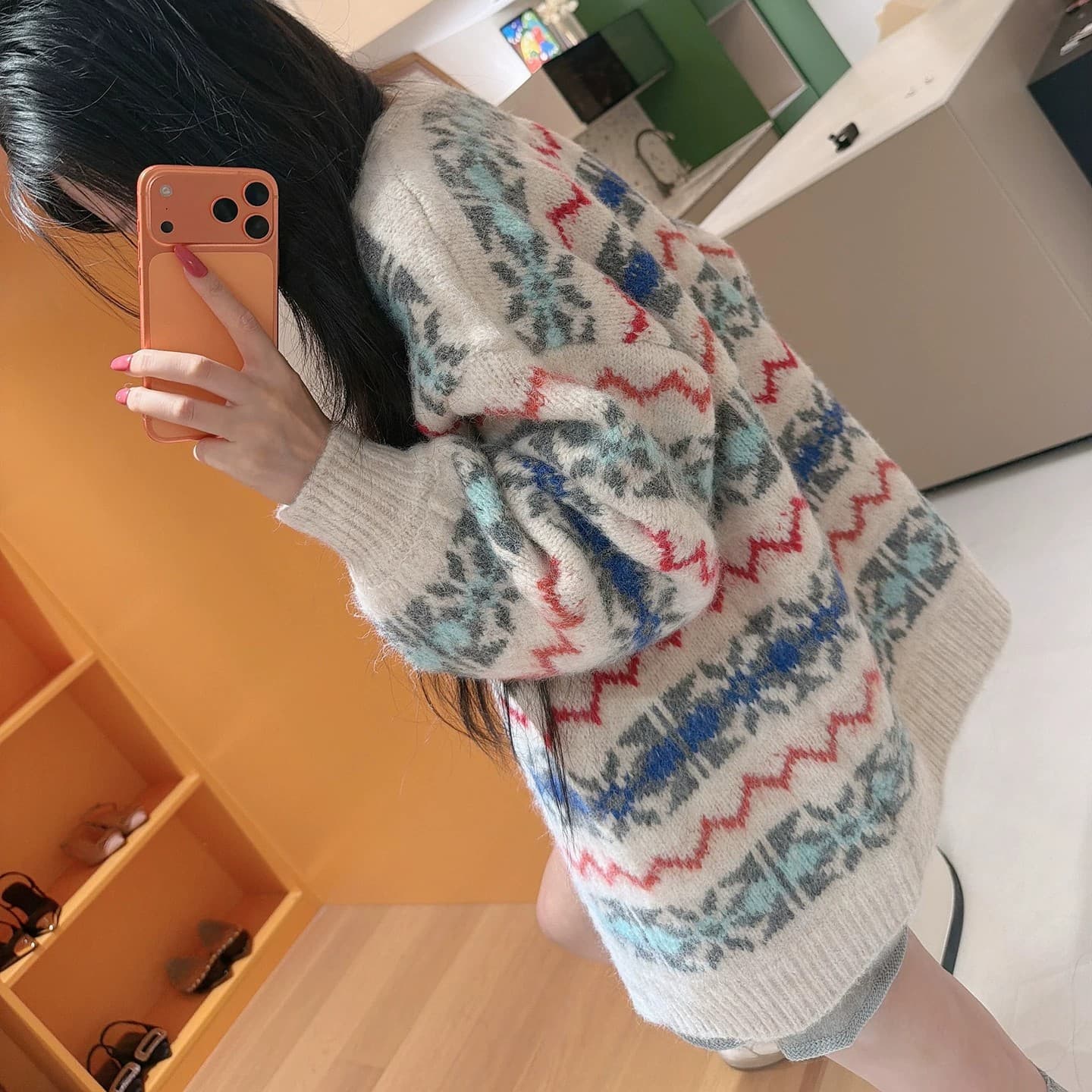 가을 겨울 한 부서 레트로 공정한 섬 스웨터 여자 싱글 줄 버튼 오픈 가디건 중간 길이 느긋한 디자인 센스 포함 양모 재킷 상세 이미지 27