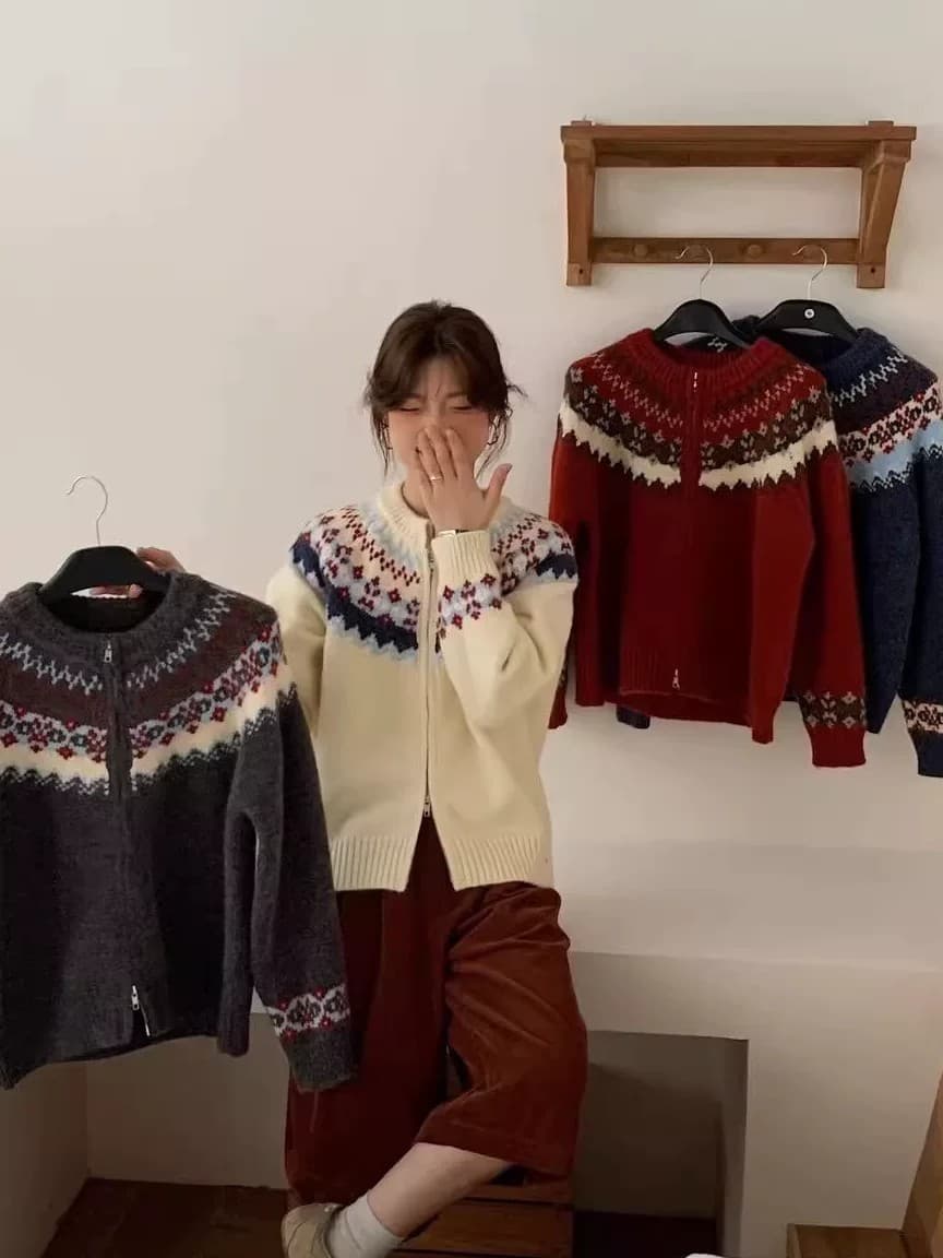 슈퍼 잘 생긴 ~ 중 민족 스타일 배색 스웨터 코트 여자 2025 새로운 가을 겨울 니트 스웨터 루즈핏 오픈 가디건 맨위 이미지 5