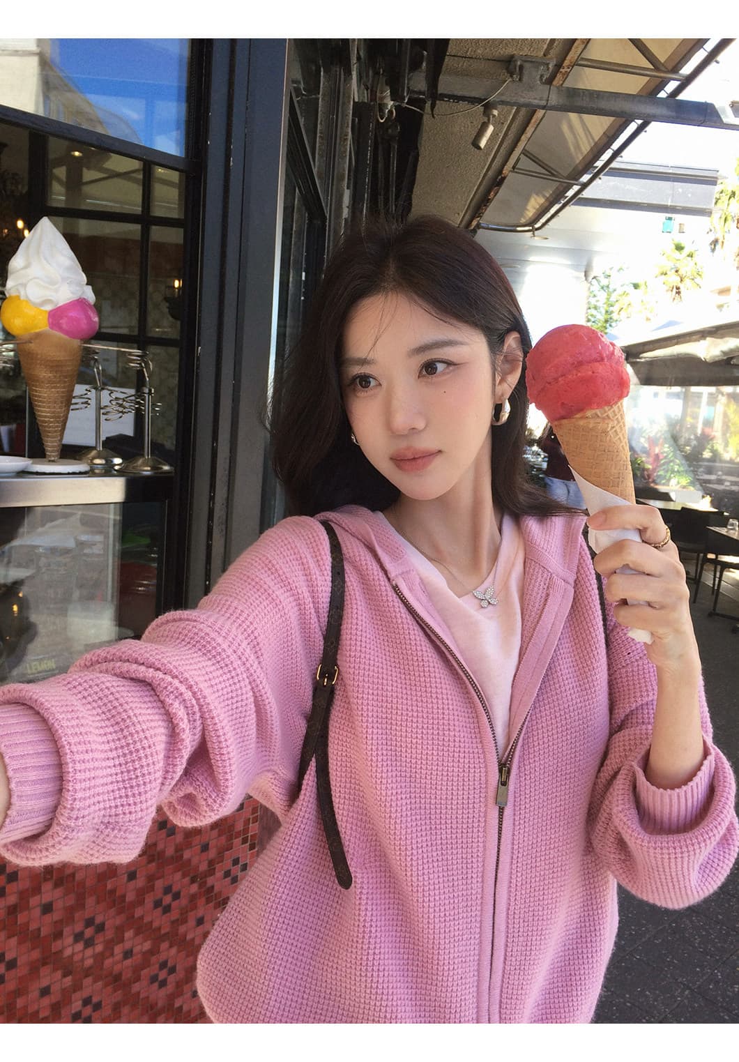 장 베이 베이 ibell 한 부서 루즈핏 슬림해 보이는 3 차원 후아 남편 그리드 후드 오픈 가디건 여성 레저 다용도 양모 재킷 상세 이미지 10