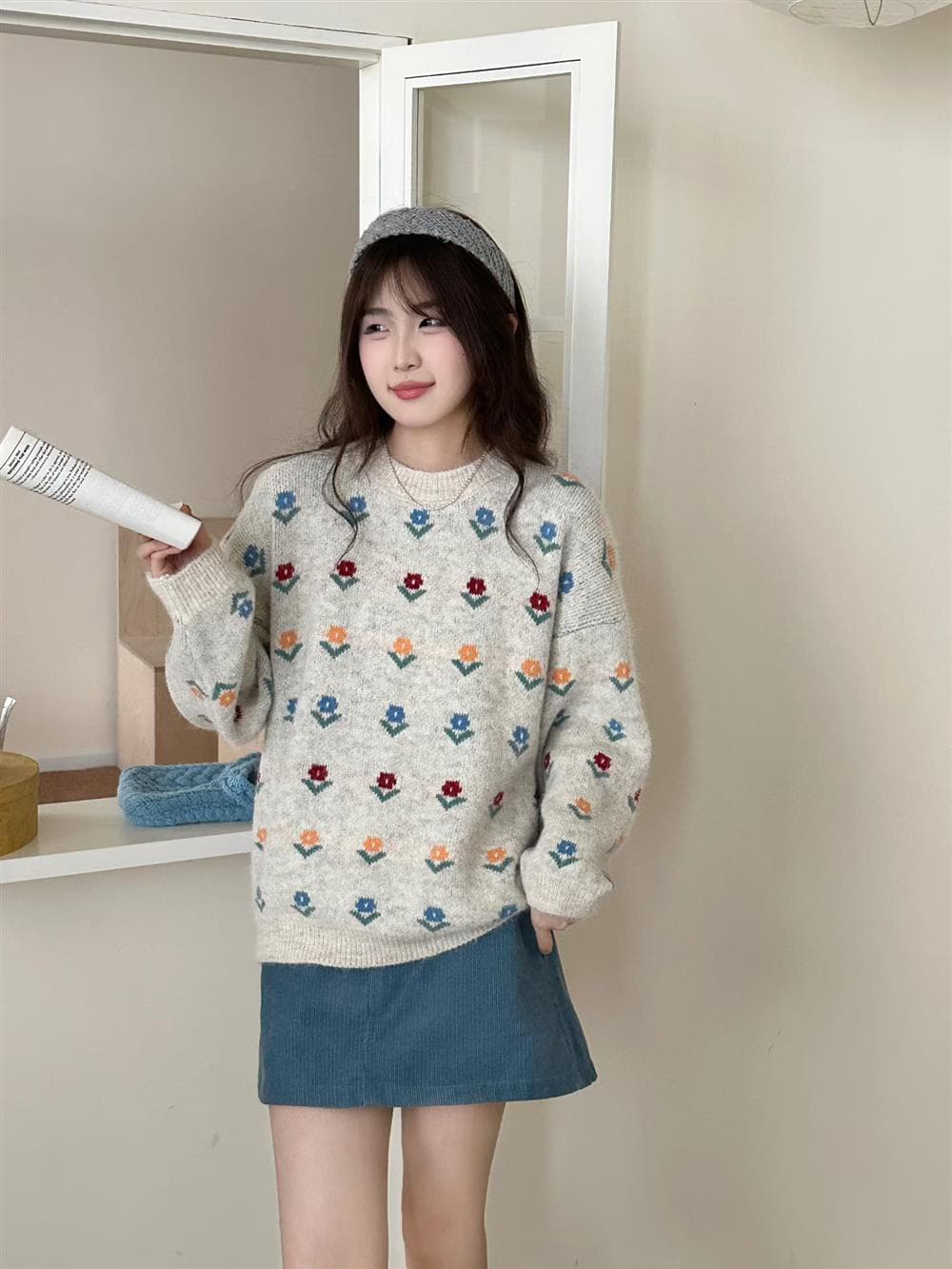한 부서 작은 청신 자카드 라운드 넥 풀오버 스웨터 여자 가을 겨울 와이드 부드러운 찹쌀 달콤함 꽃 니트 스웨터 맨위 두꺼움 상세 이미지 12