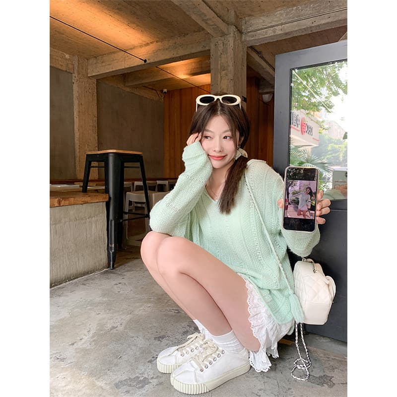 한 번 작은 짭짤한 녹색 느긋한 후드 니트 스웨터 얕은 풀 부서 착용 가져 가라. 열린 봄 루즈핏 홀로우 아웃 슬림해 보이는 블라우스 맨위 이미지 2