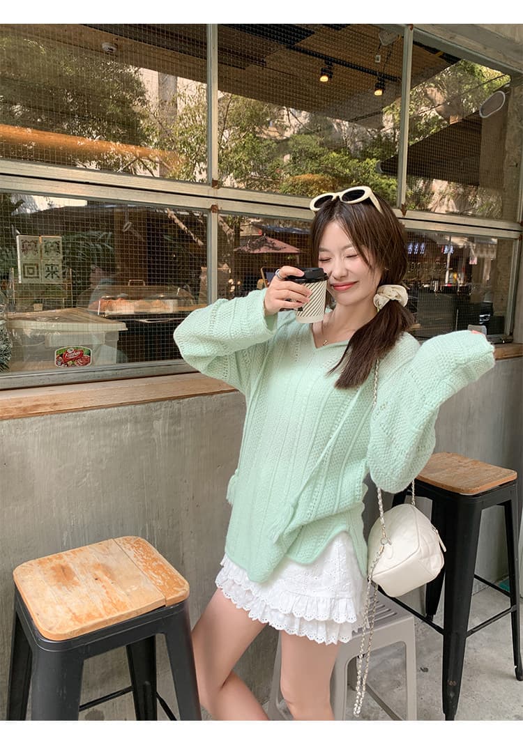 한 번 작은 짭짤한 녹색 느긋한 후드 니트 스웨터 얕은 풀 부서 착용 가져 가라. 열린 봄 루즈핏 홀로우 아웃 슬림해 보이는 블라우스 맨위 상세 이미지 17