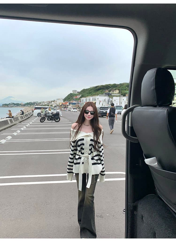 순수한 욕망 오프숄더 폴로 칼라 스트라이프 스웨터 오픈 가디건 허리 수축 루즈핏 니트 재킷 상세 이미지 7