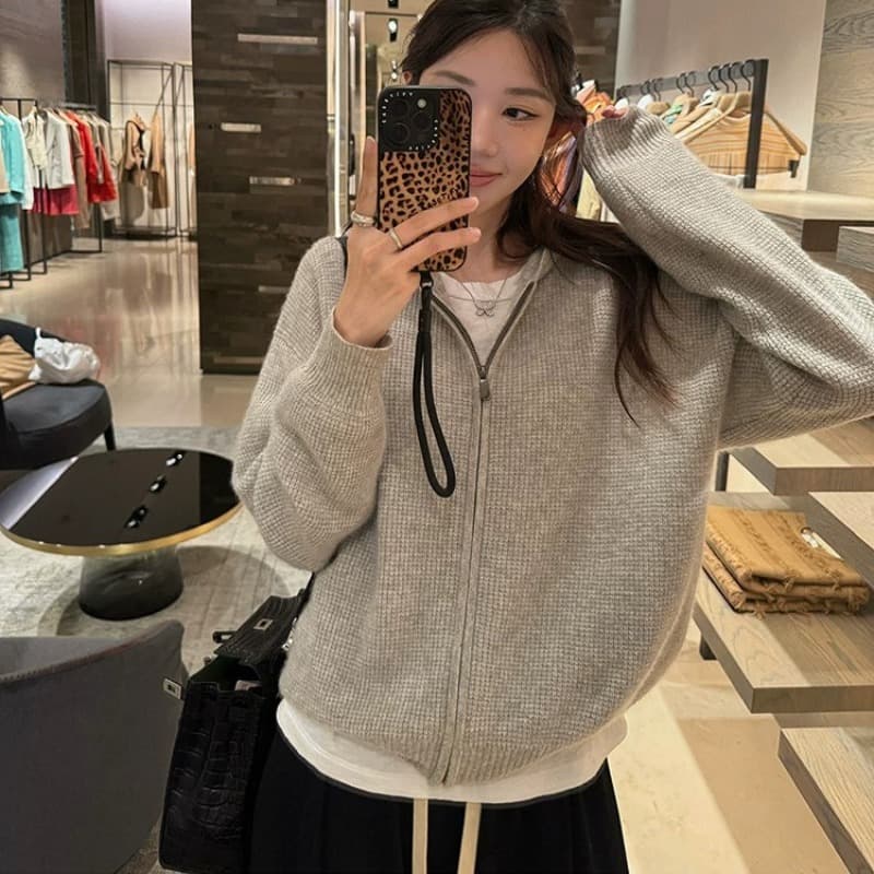 루즈핏 슬림해 보이는 3 차원 후아 남편 그리드 후드 오픈 가디건 여성 레저 다용도 양모 재킷 이미지 5
