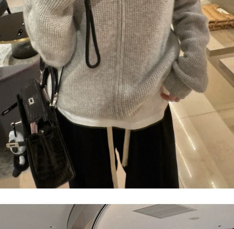 루즈핏 슬림해 보이는 3 차원 후아 남편 그리드 후드 오픈 가디건 여성 레저 다용도 양모 재킷 상세 이미지 3