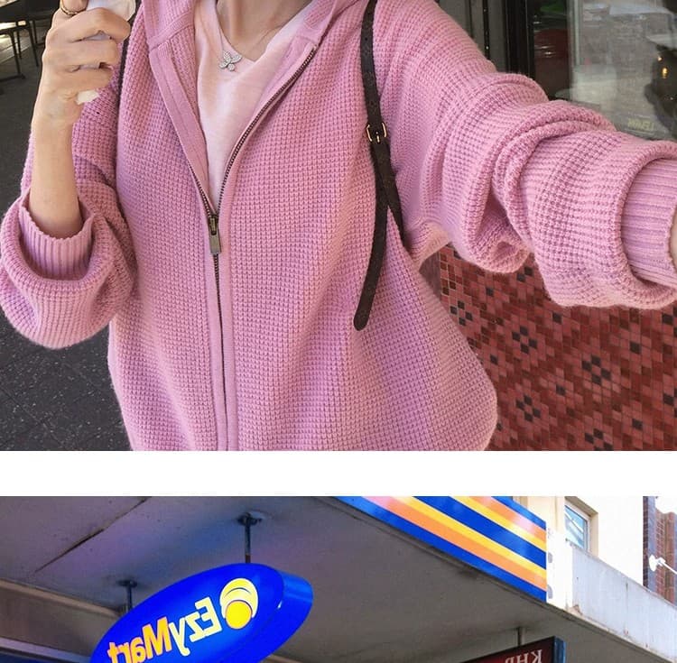 루즈핏 슬림해 보이는 3 차원 후아 남편 그리드 후드 오픈 가디건 여성 레저 다용도 양모 재킷 상세 이미지 6