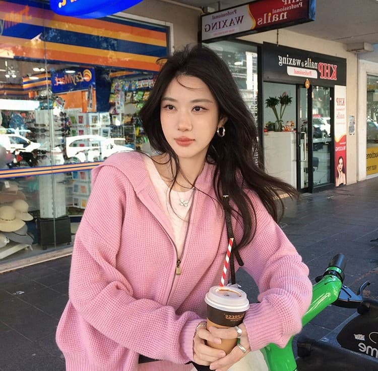 루즈핏 슬림해 보이는 3 차원 후아 남편 그리드 후드 오픈 가디건 여성 레저 다용도 양모 재킷 상세 이미지 7