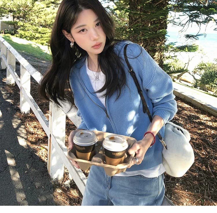 루즈핏 슬림해 보이는 3 차원 후아 남편 그리드 후드 오픈 가디건 여성 레저 다용도 양모 재킷 상세 이미지 10