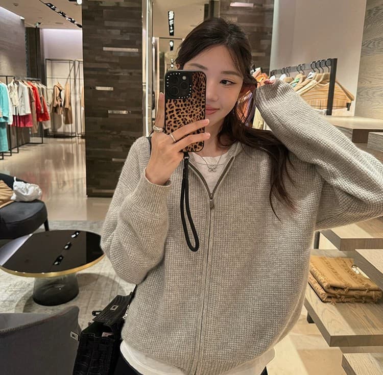 루즈핏 슬림해 보이는 3 차원 후아 남편 그리드 후드 오픈 가디건 여성 레저 다용도 양모 재킷 상세 이미지 27