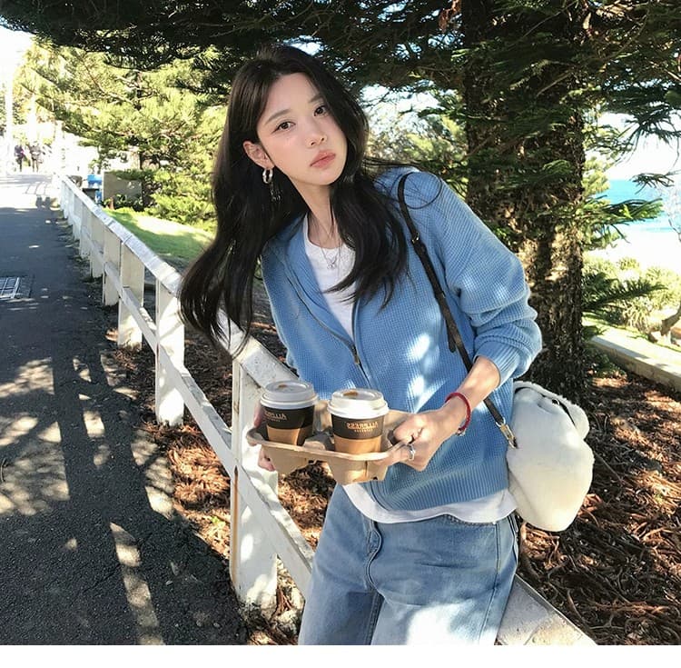 루즈핏 슬림해 보이는 3 차원 후아 남편 그리드 후드 오픈 가디건 여성 레저 다용도 양모 재킷 상세 이미지 30