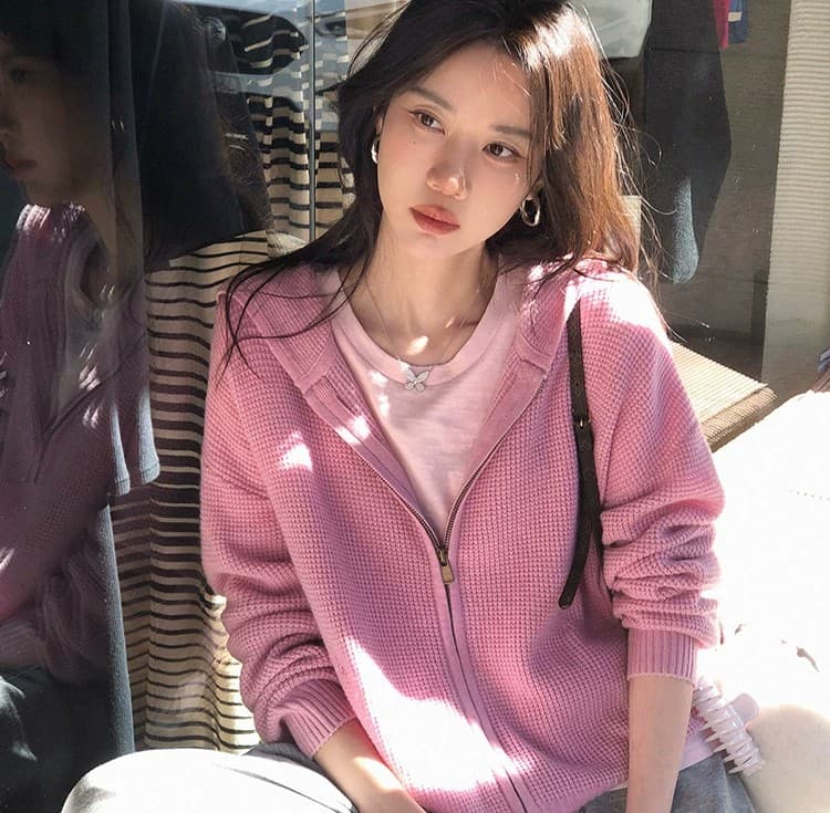루즈핏 슬림해 보이는 3 차원 후아 남편 그리드 후드 오픈 가디건 여성 레저 다용도 양모 재킷 상세 이미지 34