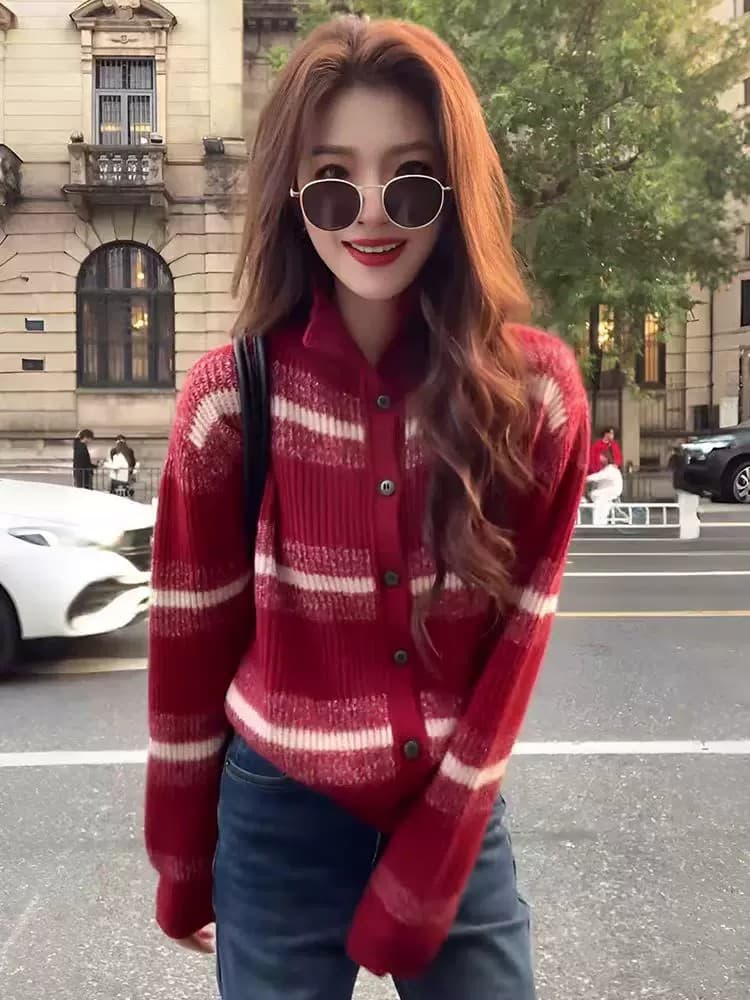 가을 빨간색 스트라이프 오픈 가디건 카디건 유럽 상품 2026 년 가을 양모 니트 만나는 스웨터 코트 상세 이미지 2