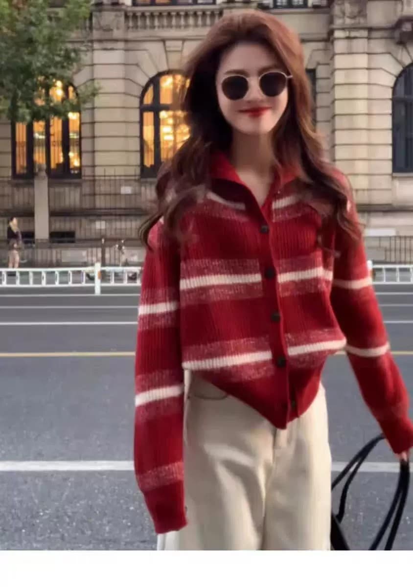가을 빨간색 스트라이프 오픈 가디건 카디건 유럽 상품 2026 년 가을 양모 니트 만나는 스웨터 코트 상세 이미지 3