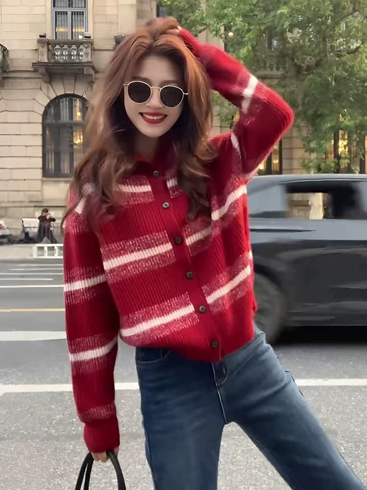가을 빨간색 스트라이프 오픈 가디건 카디건 유럽 상품 2026 년 가을 양모 니트 만나는 스웨터 코트 상세 이미지 4