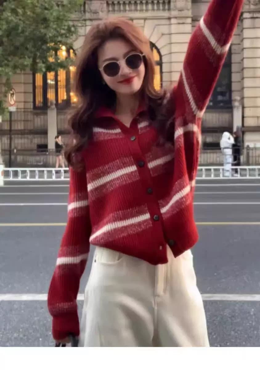 가을 빨간색 스트라이프 오픈 가디건 카디건 유럽 상품 2026 년 가을 양모 니트 만나는 스웨터 코트 상세 이미지 5